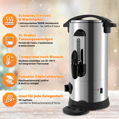 SWANEW Glühweinkocher 8L, Glühweinkessel aus Edelstahl, 1500W Heißgetränkeautomat, Heißgetränkespender, mit Füllstandanzeige
