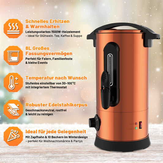 SWANEW Glühweinkocher 8L,  inkl. 1500W Heißgetränkeautomat, Edelstahl Glühweinkessel, Thermostat 30–110°C, inkl. 10 Tassen