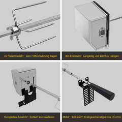 SWANEW Grillspieß Elektrischer, 107cm universal Edelstahl Drehspieß mit 2X Fleischnadeln, Drehspieß für Gasgrill, Traglast 10 kg, 220-240V