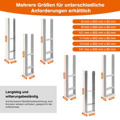 SWANEW H-Pfostenanker aus Stahl – H-Anker / Pfostenträger zum Einbetonieren für Zaun, Gewächshaus, Carport & Holzbau, 81–141 mm