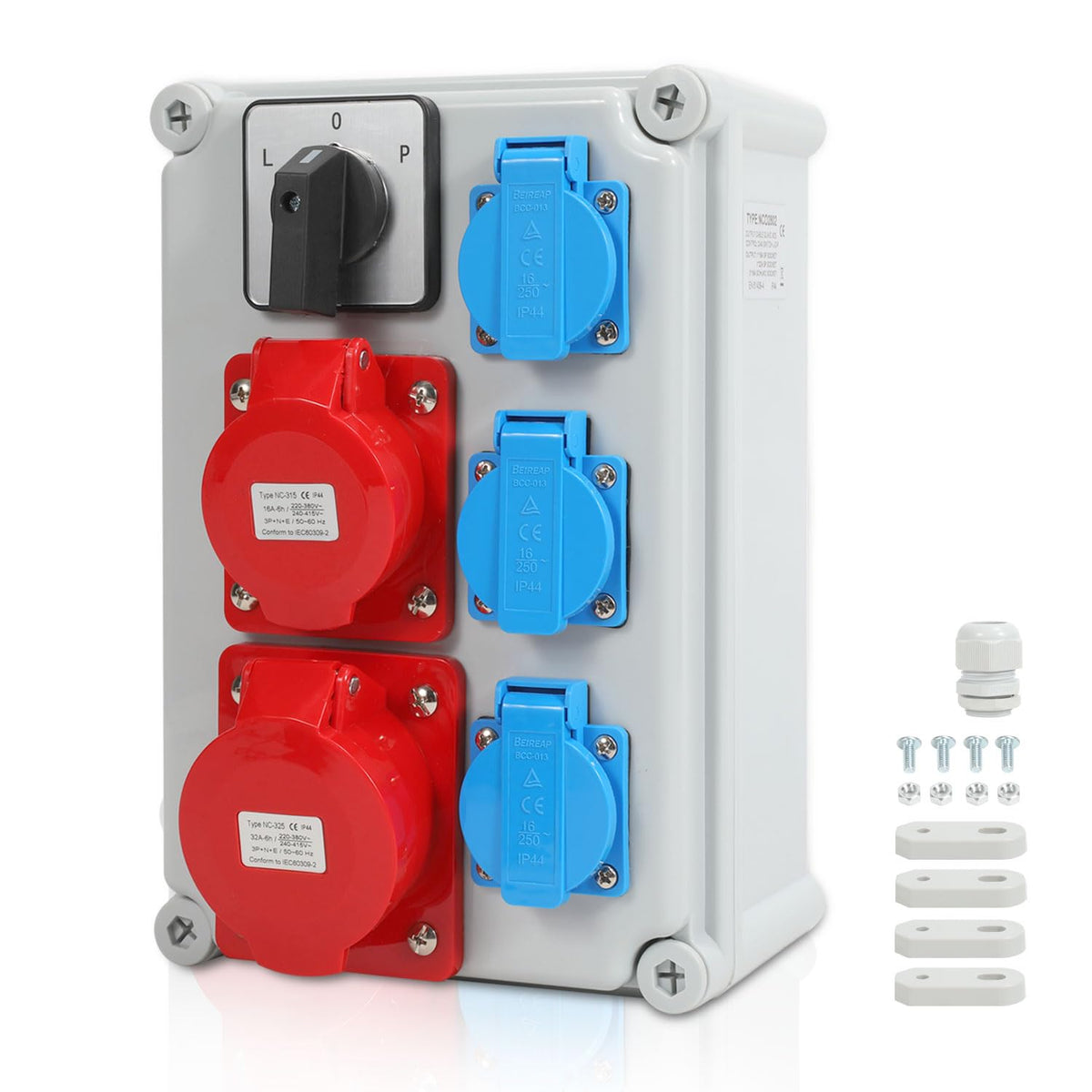 SWANEW Wandverteiler Baustromverteiler CEE 1x32A 5P, 1x16A 5P, 3x230V Schuko Steckdosen, IP44 Wasserdicht, mit L-0-P Schalter, Vorverkabelt Stromverteiler