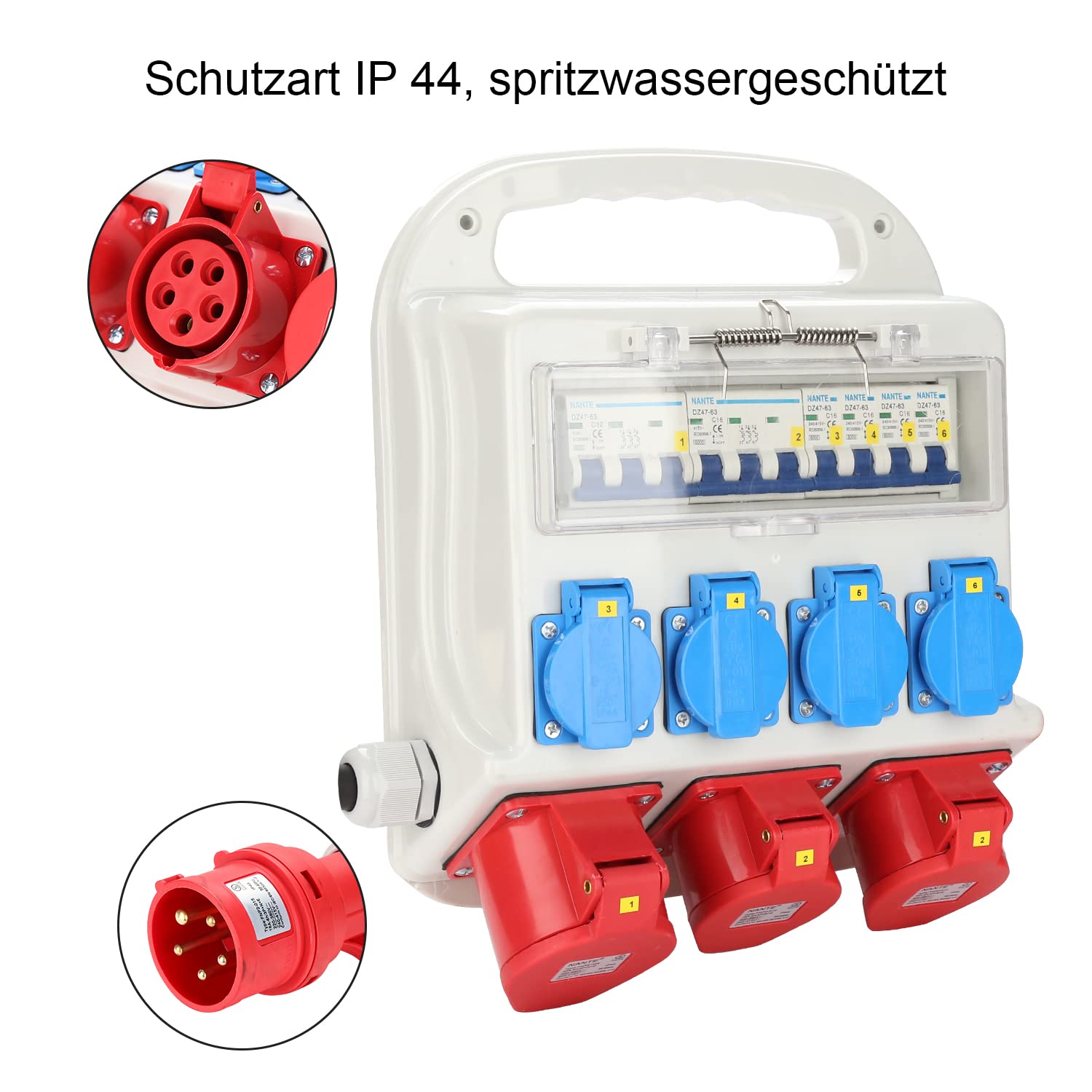 SWANEW Wandverteiler mit FI-Schutzschalter, Stromverteiler Baustromverteiler 2 x CEE 400V/16A+4 x 230V Schuko 5 Polig, IP44,  mit Leitung Für Baustelle