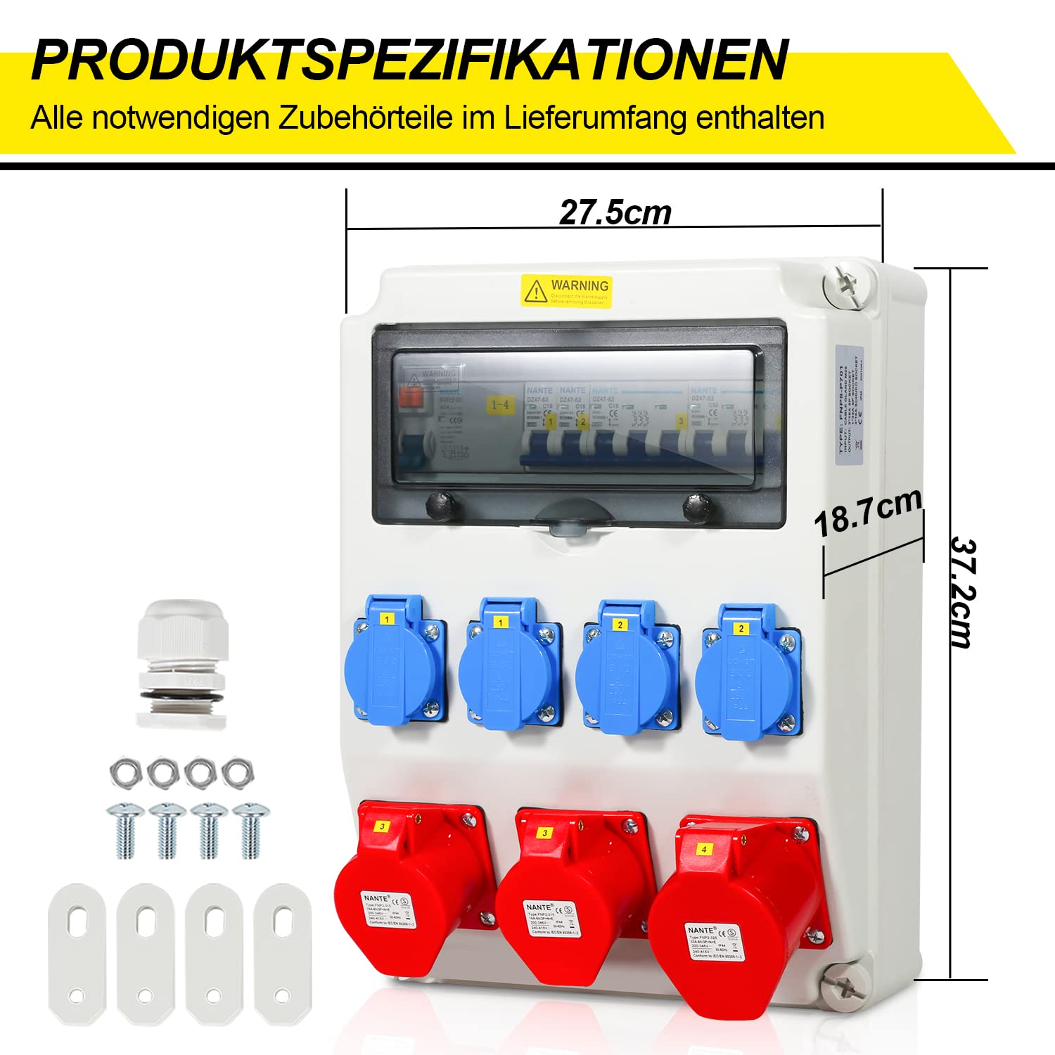 SWANEW Baustromverteiler 4x230V 2x16A 1x32A 400V CEE, Wandverteiler mit FI Schalter LS Schalter, Cee Verteiler Stromverteiler IP44
