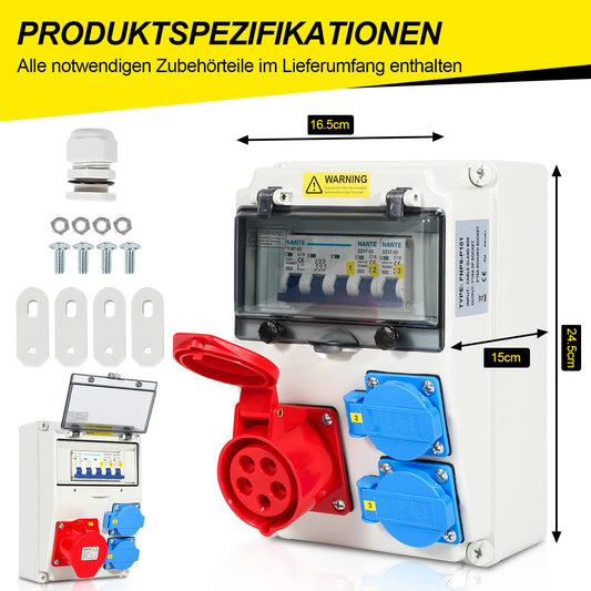 SWANEW Stromverteiler 16 A – Baustromverteiler mit LS – 2×16A 230V + 1×CEE 16A 400V – 5-polig IP44 Wandverteiler