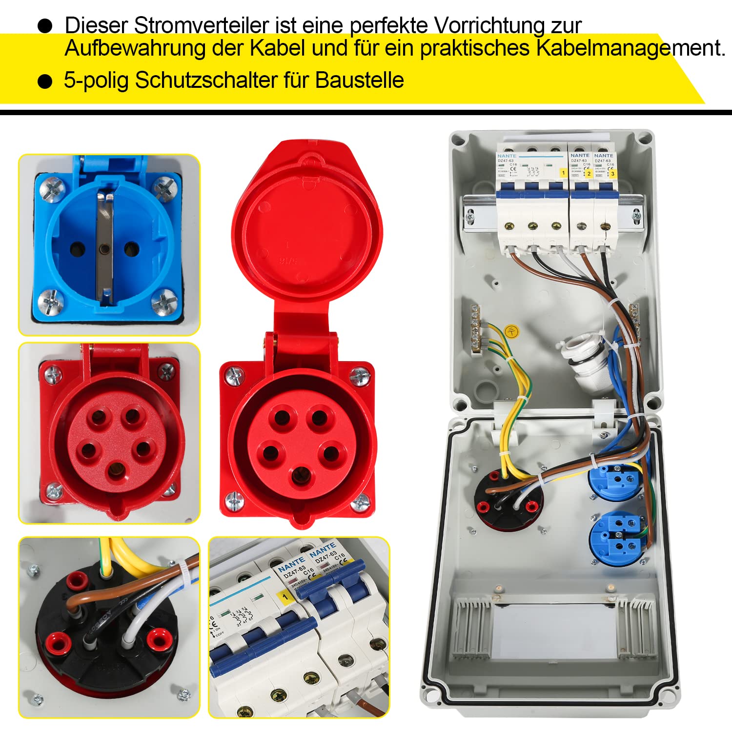 SWANEW Stromverteiler 16 A – Baustromverteiler mit LS – 2×16A 230V + 1×CEE 16A 400V – 5-polig IP44 Wandverteiler