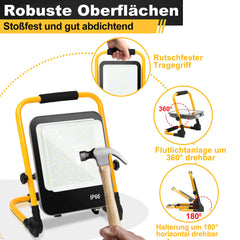 SWANEW LED Baustrahler 50W-200W, Arbeitsleuchte IP66 Wasserdicht, LED-Strahler mit 3M Kabel, und Faltbarer Ständer, 6000K Kaltweiß Fluter für Werkstatt  (mit Stecker)