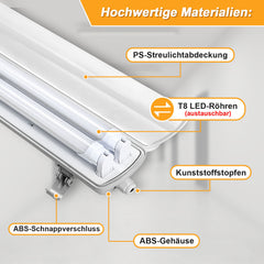 SWANEW LED Feuchtraumleuchte 18W/24W, 120cm/150cm Wannenleuchte, Kaltweiß/Neutralweiß, Doppelt T8 LED Werkstattlampe, Röhrenlampe IP65 Wasserfest