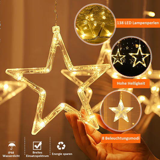 SWANEW LED Lichterkette, Warmweiß Lichterkettenvorhang, 2M 12 Sterne 138 LEDs, für Weihnachten Deko