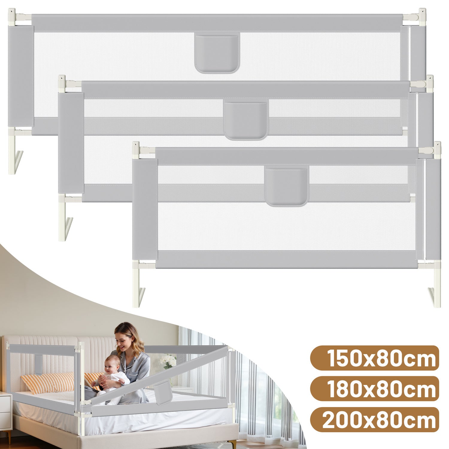 SWANEW Rausfallschutz, Bettschutzgitter höhenverstellbar 64-96 cm, Babybettgitter mit Doppelknopfschalter, Kinderbettgitter für Kleinkinder