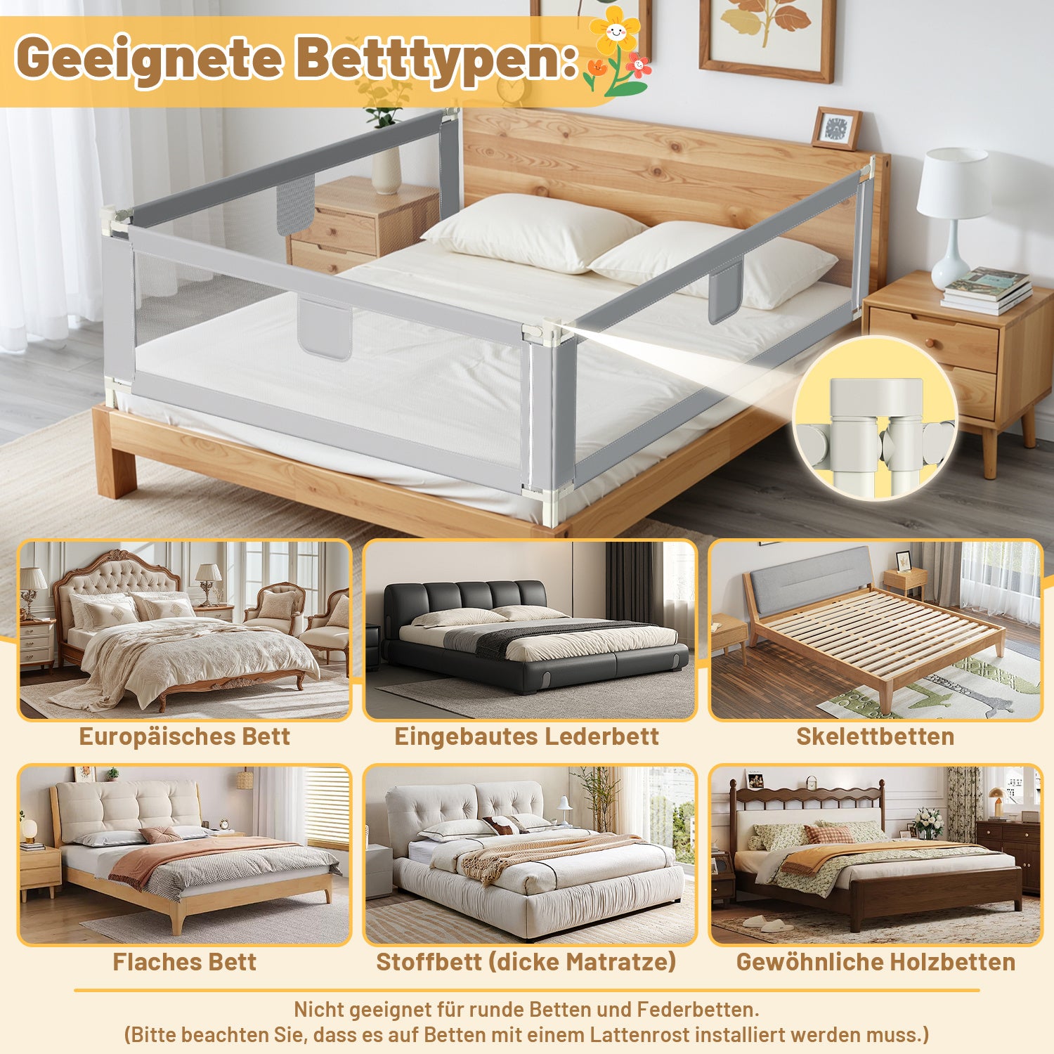 SWANEW Rausfallschutz, Bettschutzgitter höhenverstellbar 64-96 cm, Babybettgitter mit Doppelknopfschalter, Kinderbettgitter für Kleinkinder