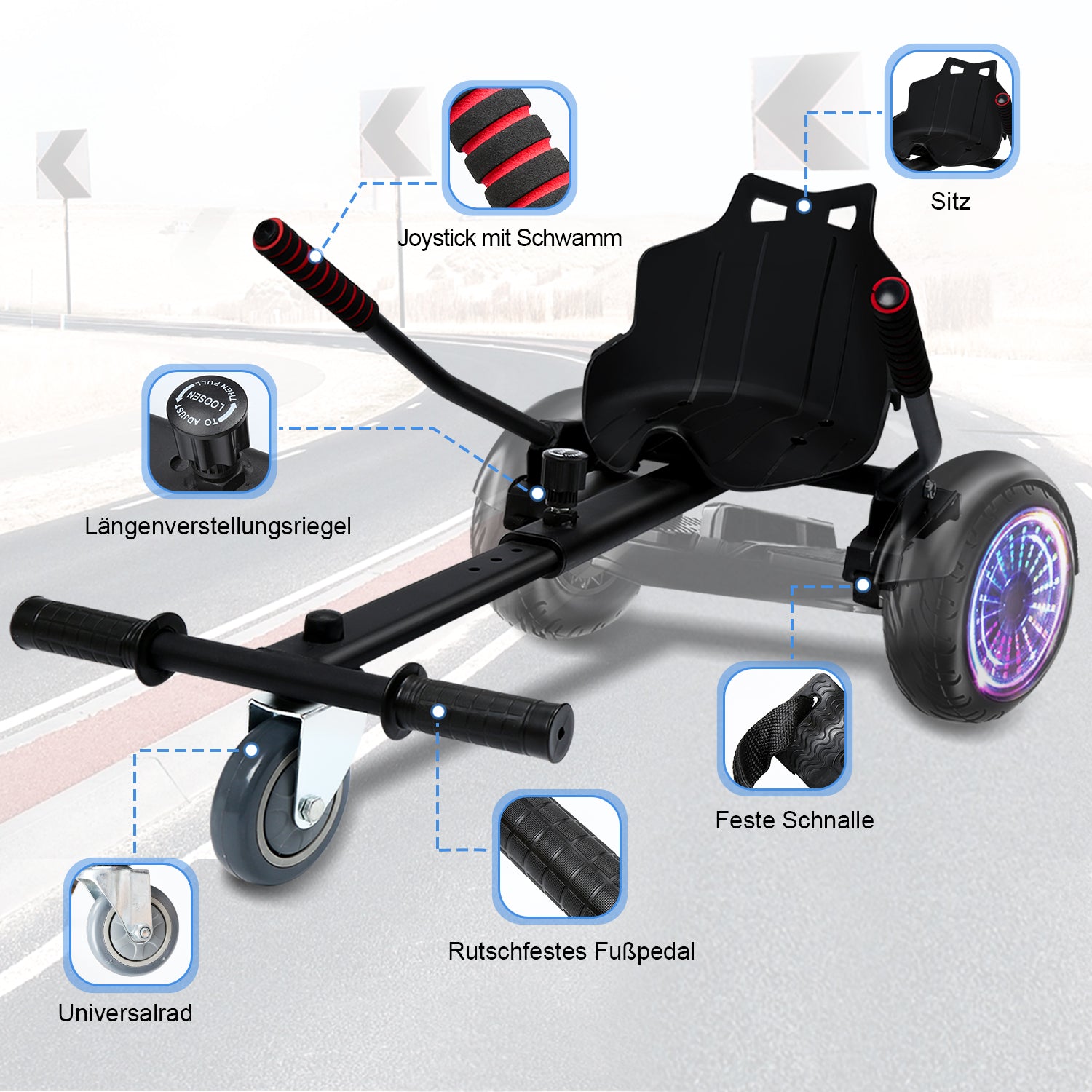 SWANEW Hoverboard Sitz, Kart Hoverboard mit Sitz verstellbarer für 6.5-10 Zoll, Sitzscooter Kartsitz, für Erwachsene und Kinder