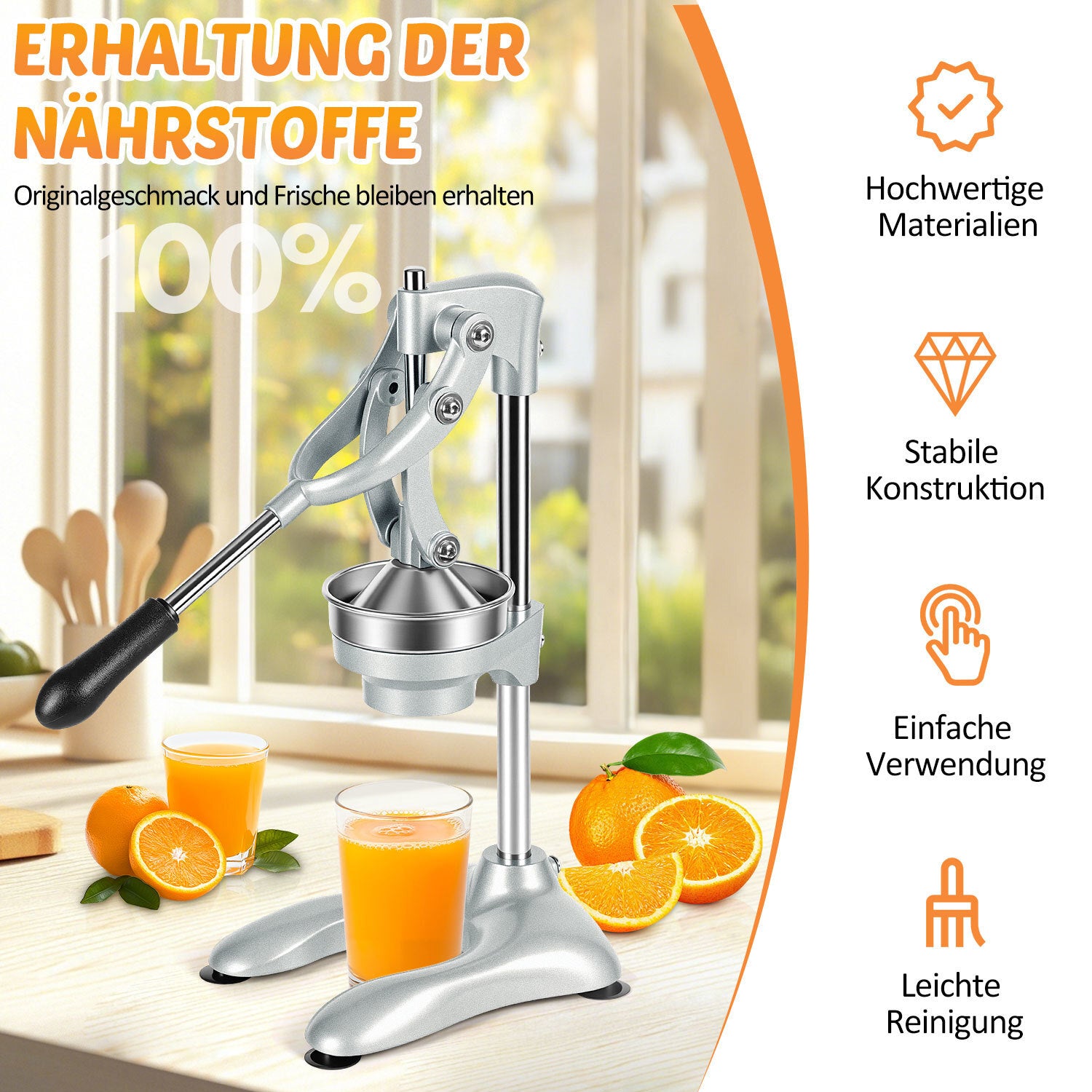 SWANEW Saftpresse Manuell, Zitronenpresse, Zitruspresse Edelstahl, Orangenpresse Flüsterleise, für alle Saftfrüchte Geeignet