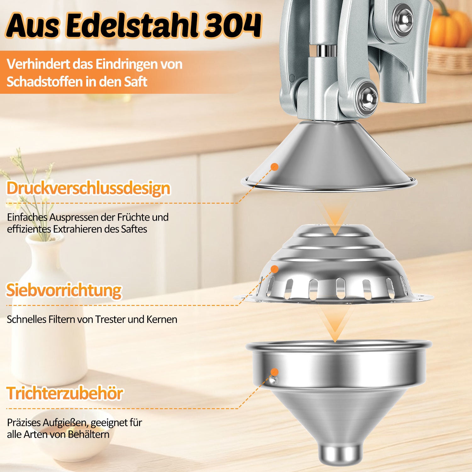 SWANEW Saftpresse Manuell, Zitronenpresse, Zitruspresse Edelstahl, Orangenpresse Flüsterleise, für alle Saftfrüchte Geeignet