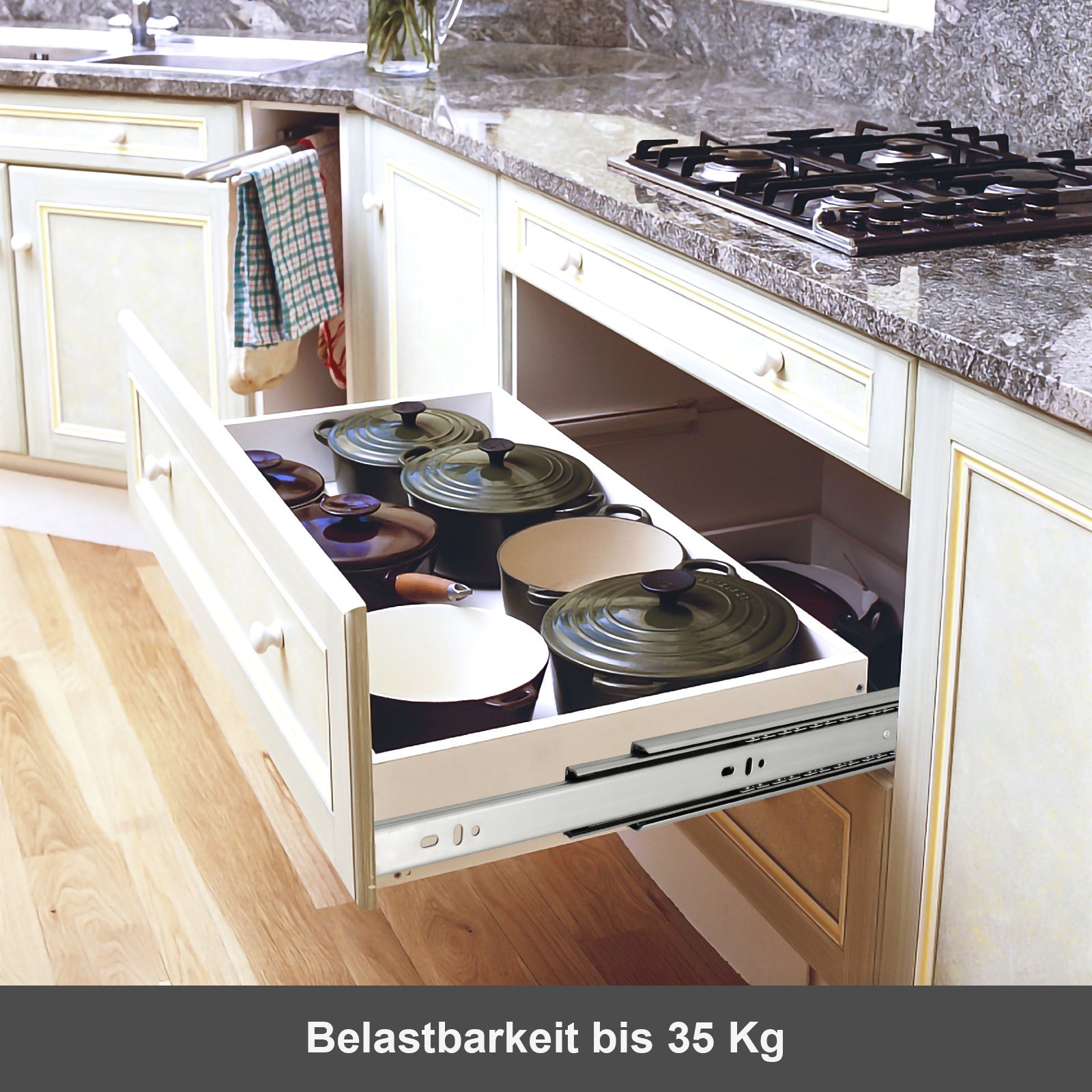 SWANEW Schubladenschienen 250 - 550 mm, Schubladen  Schienensystem mit Selbsteinzug, Teleskopschiene vollauszug Schubladenauszüg, Kugelführung, Tragkraft 35 Kg