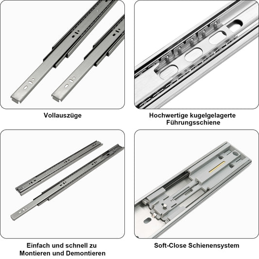 SWANEW Schubladenschienen 250 - 550 mm, Schubladen  Schienensystem mit Selbsteinzug, Teleskopschiene vollauszug Schubladenauszüg, Kugelführung, Tragkraft 35 Kg