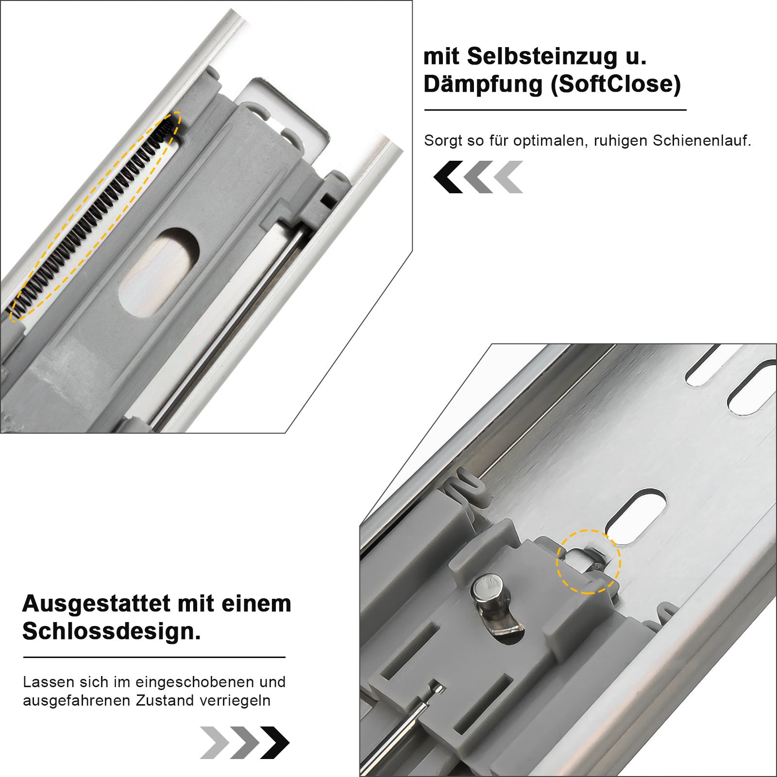 SWANEW Schubladenschienen 250 - 550 mm, Schubladen  Schienensystem mit Selbsteinzug, Teleskopschiene vollauszug Schubladenauszüg, Kugelführung, Tragkraft 35 Kg