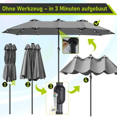 SWANEW Sonnenschirm mit Kurbel und LED Solar,  Doppelsonnenschirm, ohne Ständer, UV-Schutz 50+