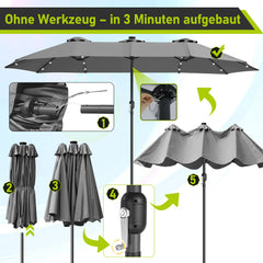 SWANEW Sonnenschirm mit Kurbel und LED Solar,  Doppelsonnenschirm, ohne Ständer, UV-Schutz 50+