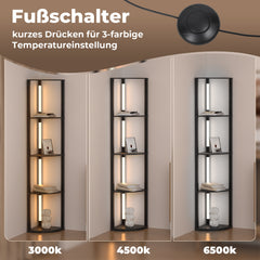 SWANEW Stehlampe mit Holzregal, Bücherregal mit LED-Beleuchtung, 360° Drehbare RGB LED Stehleuchte Wohnzimmer, 3 Farbtemperaturen, 20W & 163 cm Höhe