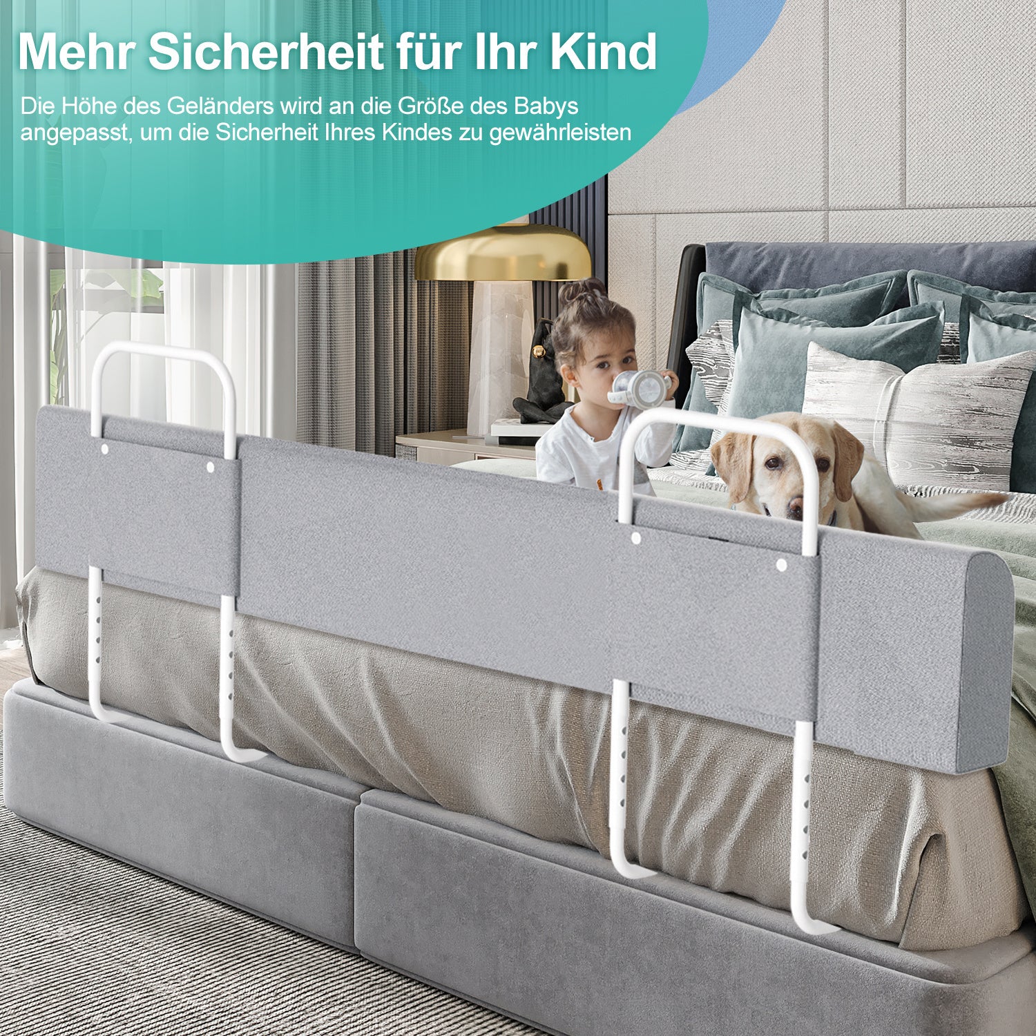 SWANEW Bettgitter Rausfallschutz 150/180/200cm , Verformbar Kinderbettgitter 5-Loch Höhenverstellbar, für Boxspringbetten und Kinderbett