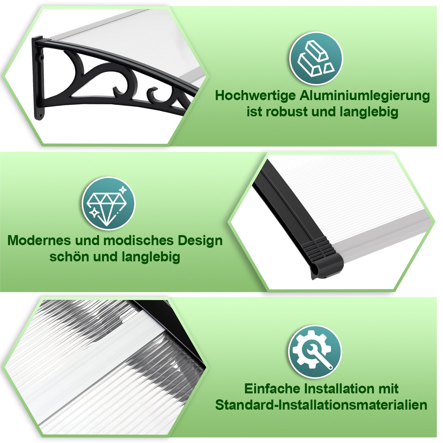 SWANEW Vordach für Haustür, 5 mm Überdachung, Transparentes Pultbogenvordach, Polycarbonat Pultvordach, Türdach für draußen