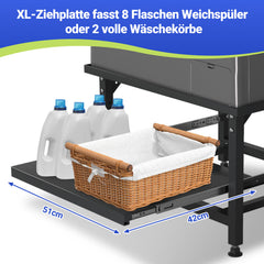 SWANEW Waschmaschinen Untergestell mit Ausziehbarem Regal, 3 höhenverstellbar Waschmaschinen Sockel, 150kg Tragfähigkeit Podest für Trockner, Kühlschrank
