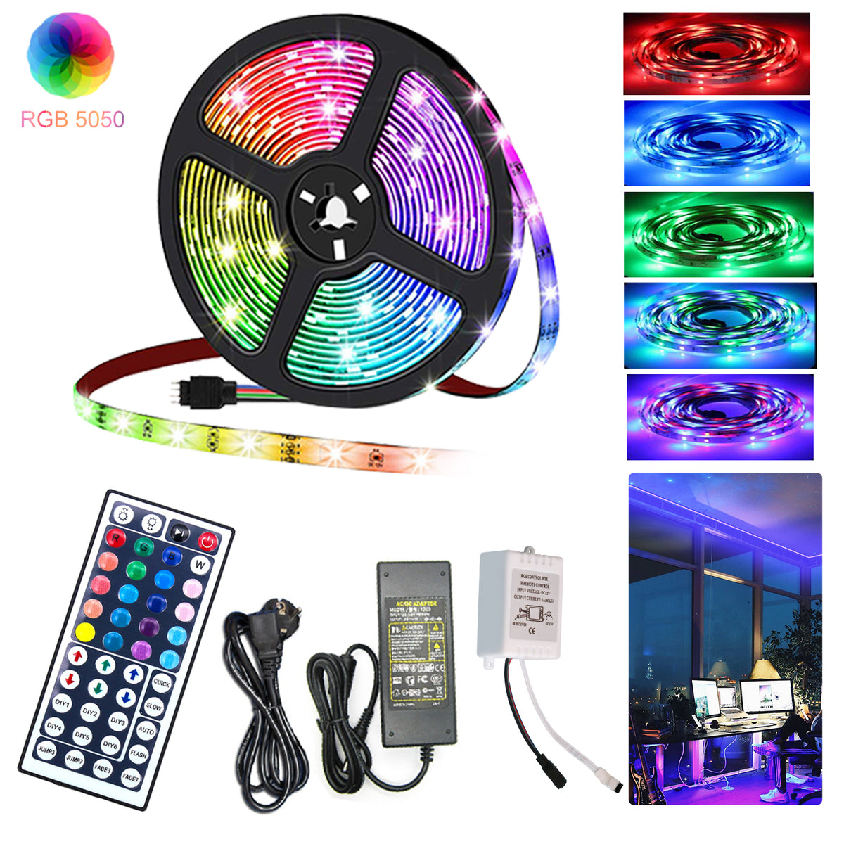 SWANEW LED Strip RGB LED Streifen LED Streifenlichter 30 LED 12V Selbstklebend mit 44 Tasten Fernbedienung IP20 LED Band Flexibel für Haus Party Küche [Energieklasse F]