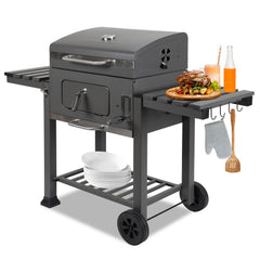 SWANEW Holzkohlegrill BBQ XXL Smoker mit Deckel, höhenverstellbarer Kohleschale, Grillwagen, mit Thermometer, verstellbaren Lüftungsöffnungen