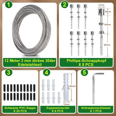 SWANEW Rankhilfe, Edelstahl Drahtseil, , Rankseilsystem Set 12M, mit Wandhaltern und 3mm Stahlseil, für Kletterpflanzen