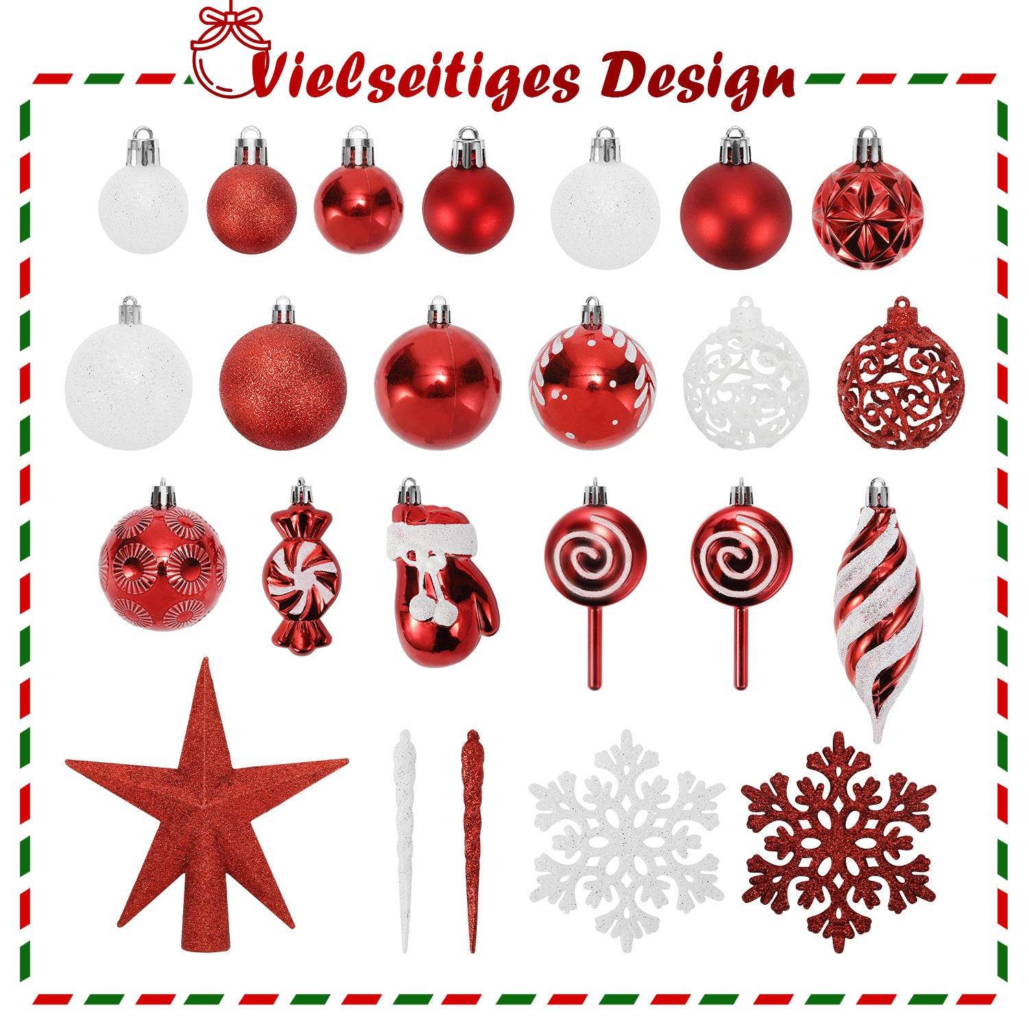 SWANEW Weihnachtskugel-Set - 130 Stück hochwertige Kunststoff-Weihnachtskugeln in verschiedenen Designs, schön gestaltete