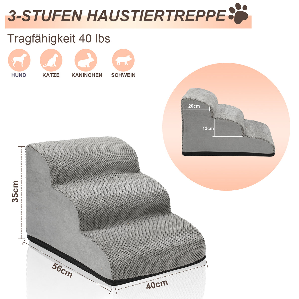 SWANEW Hunderampe, Hundetreppe, 3/4-stufige, Verstellbaren, Einstieghilfe Hundetreppen