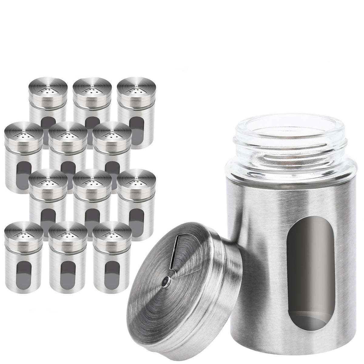 SWANEW Gewürzstreuer, Edelstahl Gläser Gewürz, Streuer Dosen, Glas Box 12er Set