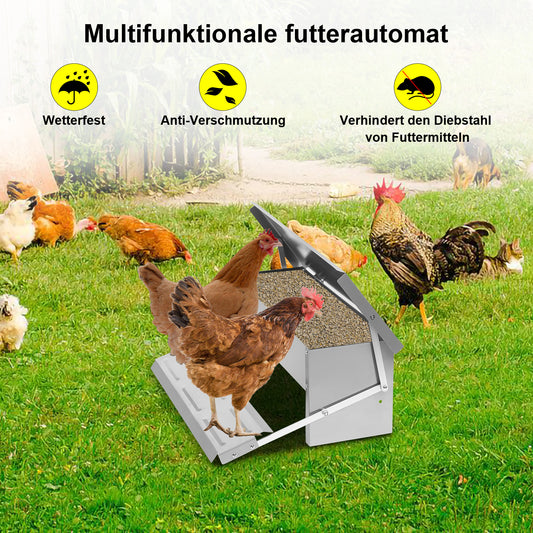 SWANEW Futterautomat Hühner Futterspender 5kg Tröge, mit Deckel, futtertrog hühner, Wetterfester Fußpedal selbstöffnender Futtertrog