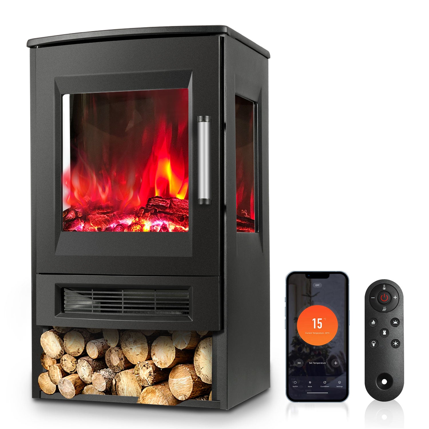 SWANEW Elektrokamin mit Heizlüfter Fernbedienung, 900/1800W Elektro Kamin mit Thermostat Heizfunktion, Timer, Elektrischer Heizung LED Kaminfeuer Effekt, WiFi Fernbedienung