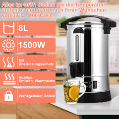 SWANEW Glühweinkocher 8L Glühweinkessel Edelstahl mit Auffangschale Zapfhahn Temperatureinstellung 30-110°C Glühweinautomat Heißgetränkespender