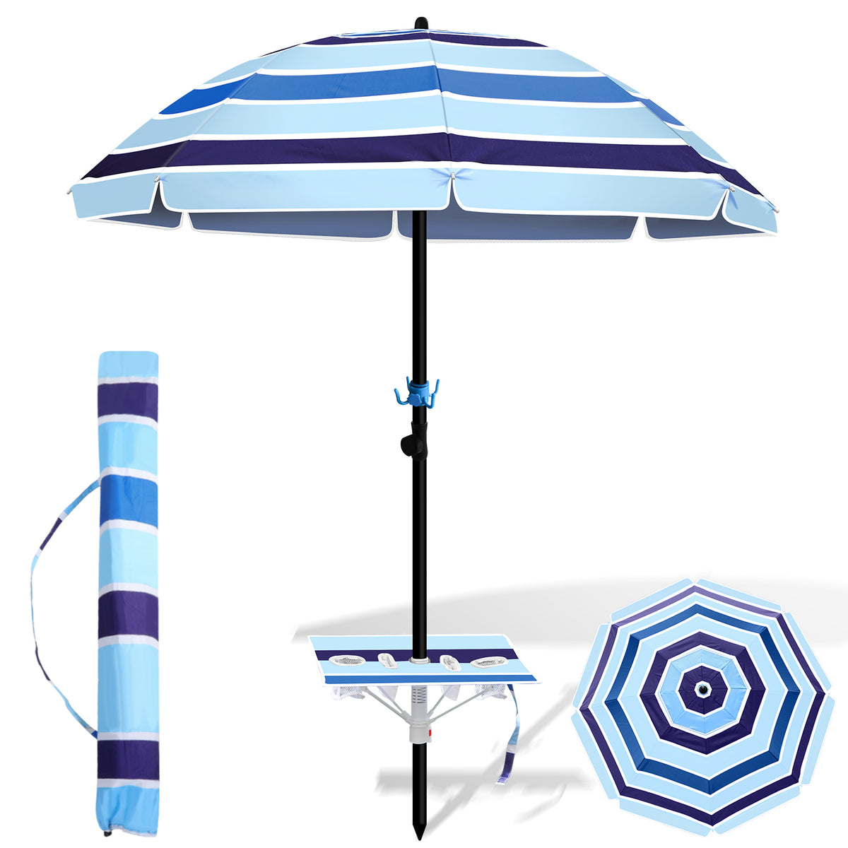 SWANEW Strandschirm Schirm Balkon Strand Terassenschirm 213cm Camping Sonnenschirm mit Tisch&Haken&Tragetasche
