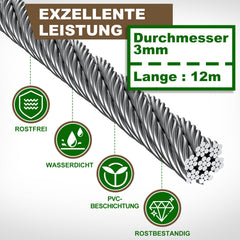 SWANEW Rankhilfe, Edelstahl Drahtseil, , Rankseilsystem Set 12M, mit Wandhaltern und 3mm Stahlseil, für Kletterpflanzen