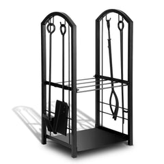 SWANEW kaminholzregal Innen und Aussen, mit Kaminbesteck, Metall Brennholzregal, Holzunterstand für Kaminholz, 37 x 33 x 74CM, Schwarz