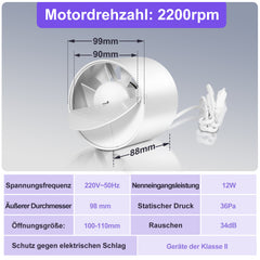 SWANEW Badlüfter Fan Rohrventilator 100mm mit Rückstauklappe Badezimmerlüfter Bad Rauchabzug Ventilator 130m³/h Rohrlüfter