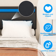 SWANEW Bettgestell mit LED Beleuchtung, bettgestell mit Kopfteil, Stabiler Holzlattenrost + gute Qualität Leder, Matratze nicht im Lieferumfang enthalten