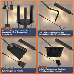 SWANEW Kaminbesteck Set, 3-teiliges, Kamingarnitur mit Besen, Schaufel, Eisenhaken, Ständer, Kaminzubehör, Ofenbesteck Schwarz