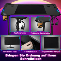 SWANEW Gaming Schreibtisch 120/140 cm, Gaming Tisch mit LED, Computertisch