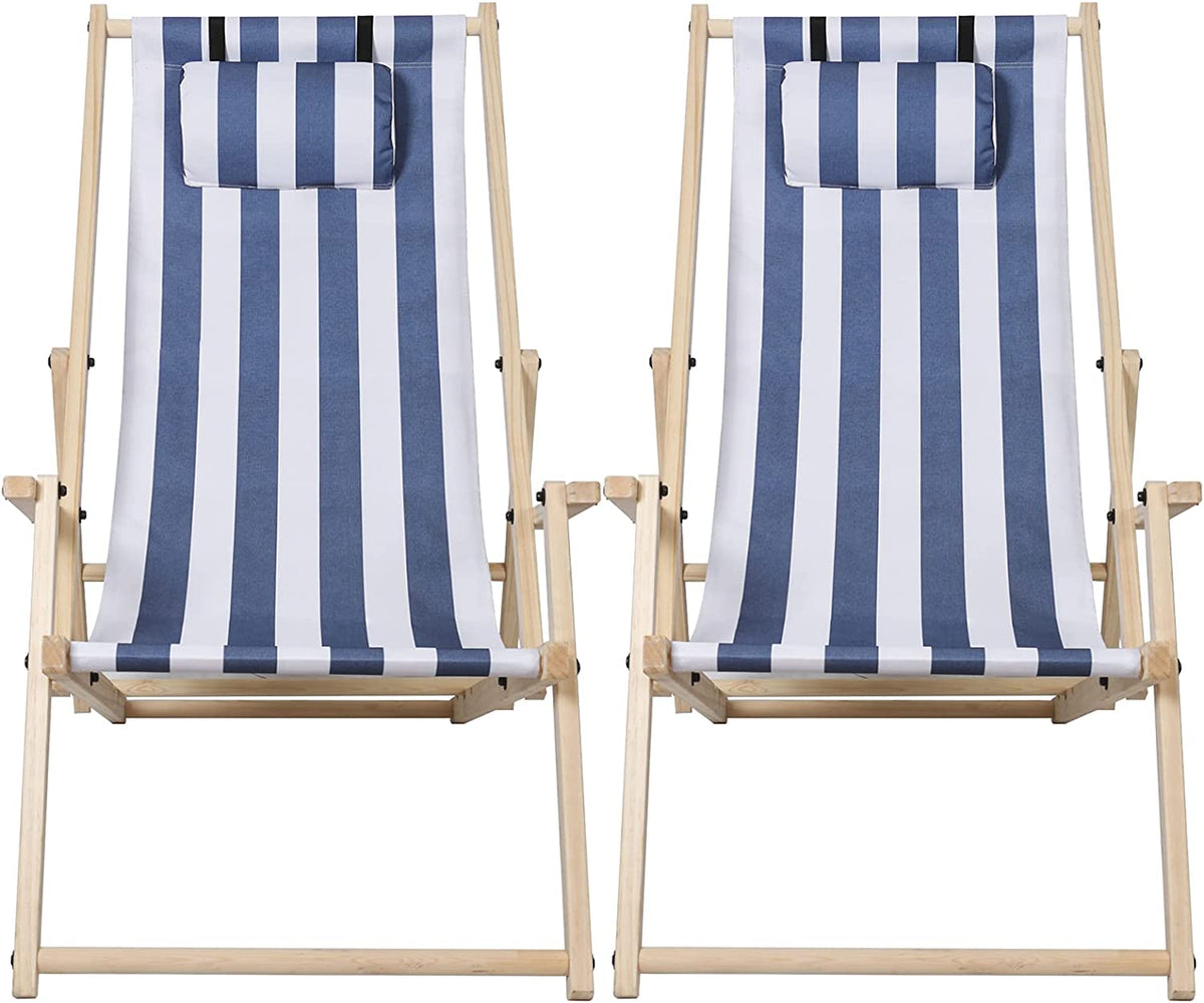 SWANEW 2er Set Liegestuhl Klappbar Holz, Gartenliege Strandstuhl Faltbar, 3-Fach Verstellbare Rückenlehne Klappliegestuhl, Strandliege mit Kopfkissen & Armlehnen (Blaue und weiße Streifen)