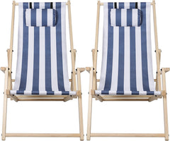 SWANEW 2er Set Liegestuhl Klappbar Holz, Gartenliege Strandstuhl Faltbar, 3-Fach Verstellbare Rückenlehne Klappliegestuhl, Strandliege mit Kopfkissen & Armlehnen (Blaue und weiße Streifen)